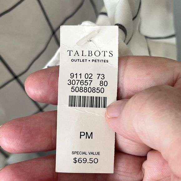 Talbots Petites Ivory and Charcoal Checkered Cotton Button up Blouse MP NWT - Picture 6 of 8
